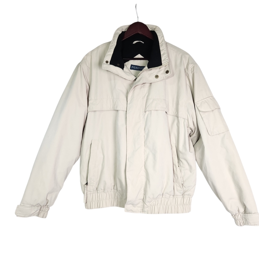 PGA Tour Vintage Golf Bomber Puffer Jacket Men's Large Khaki/Beige Microfiber